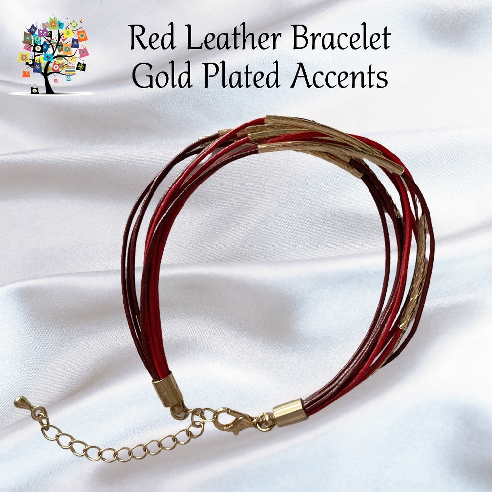 Leather Bracelet in Red with Gold Accents